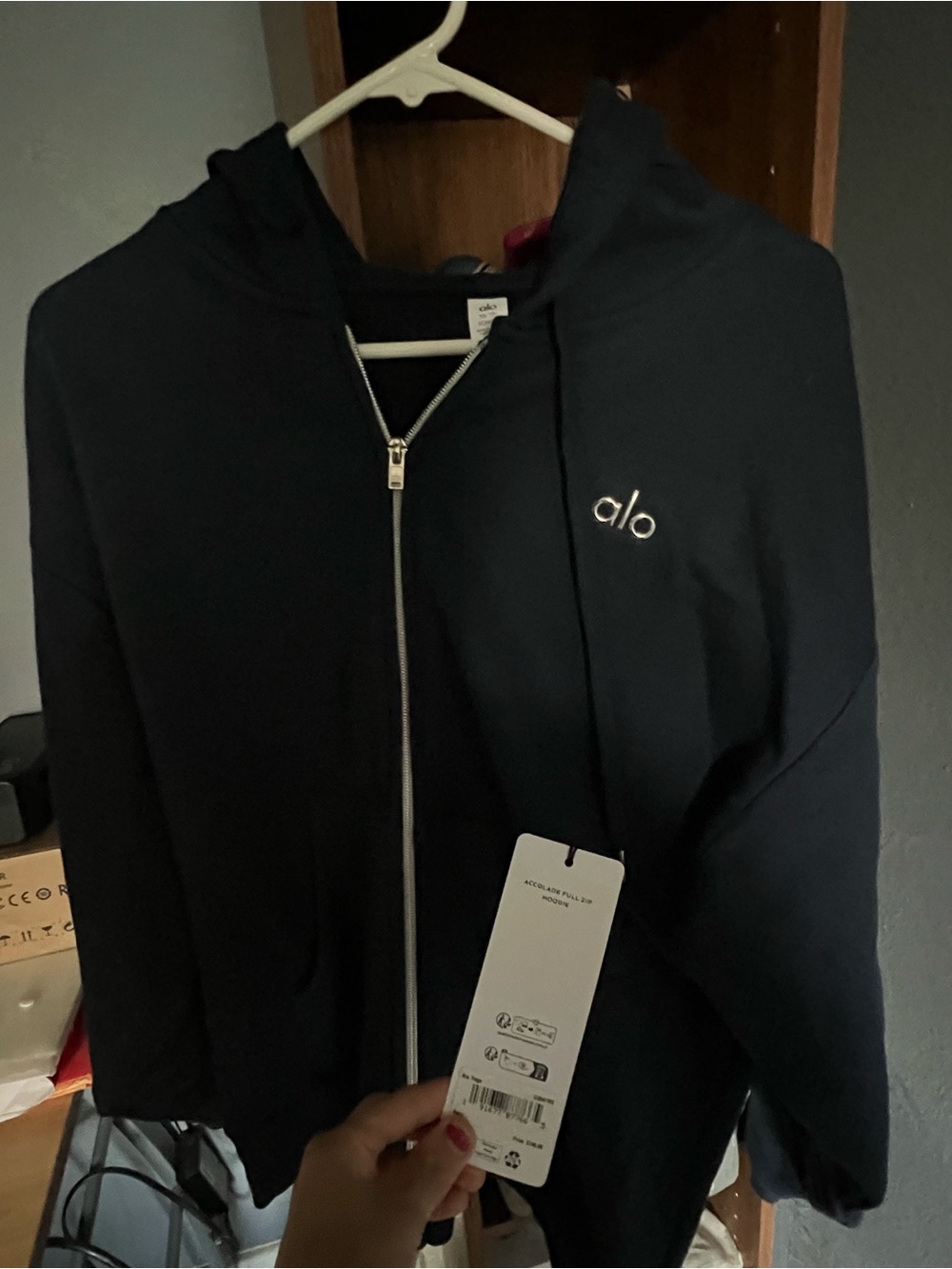 ALO Yoga Navy  Zip Hoodie with Silver Logo